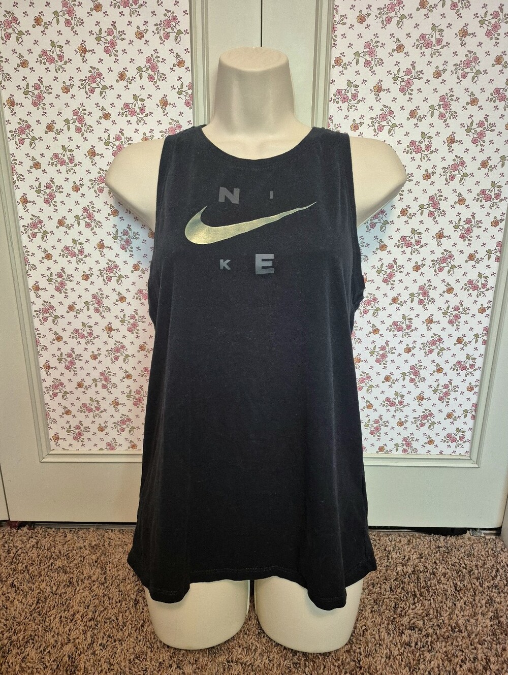 Nike Tee Black Women's Tank Top with Metallic Green Swoosh Logo Size M